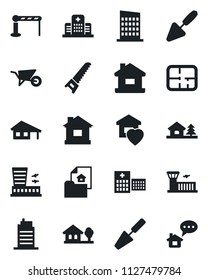 Set of vector isolated black icon - barrier vector, airport building, trowel, wheelbarrow, saw, house, hospital, with garage, tree, plan, estate document, sweet home, city, message