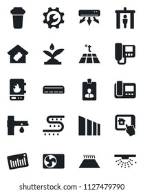 Set of vector isolated black icon - security gate vector, identity card, drip irrigation, sorting, barcode, root setup, air conditioner, smart home, water heater, intercome, control app, filter