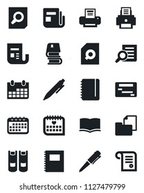 Set of vector isolated black icon - book vector, document search, pen, notepad, calendar, medical, folder, news, copybook, printer, schedule, contract