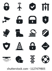 Set of vector isolated black icon - plane radar vector, security gate, smoking place, border cone, lock, glove, boot, hose, heart shield, traffic light, protect, home, surveillance, sprinkler