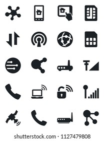 Set of vector isolated black icon - wireless notebook vector, satellite, share, call, sim, network, data exchange, cellular signal, lock, router, home control app, social media