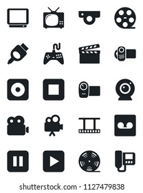 Set of vector isolated black icon - clapboard vector, film frame, reel, gamepad, tv, video camera, play button, pause, stop, rec, hdmi, record, web, intercome