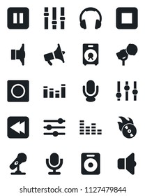Set of vector isolated black icon - flame disk vector, microphone, speaker, loudspeaker, settings, equalizer, headphones, pause button, stop, rewind, tuning, record, sound