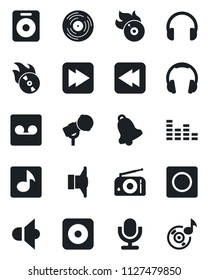 Set of vector isolated black icon - vinyl vector, flame disk, microphone, radio, speaker, equalizer, headphones, fast forward, rewind, rec button, bell, record, music