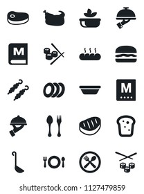 Set of vector isolated black icon - spoon and fork vector, cafe, menu, salad, plates, waiter, bread, chicken, steak, kebab, hamburger, ladle, bowl, sushi