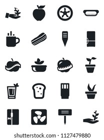 Set of vector isolated black icon - hot cup vector, seedling, plant label, diet, fridge, drink, phyto bar, salad, bacon, bread, dog, apple fruit, fan, palm sproute