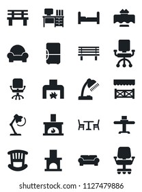 Set of vector isolated black icon - cafe vector, office chair, desk, bench, fireplace, lamp, bedroom, children room, cushioned furniture, restaurant table, alcove, fridge