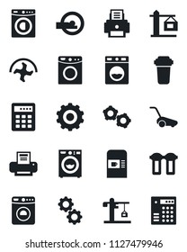 Set of vector isolated black icon - coffee machine vector, washer, gear, ripper, lawn mower, tomography, printer, crane, water filter, combination lock