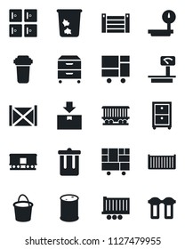 Set of vector isolated black icon - trash bin vector, checkroom, bucket, railroad, truck trailer, cargo container, consolidated, package, oil barrel, heavy scales, archive box, water filter