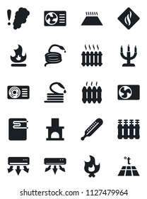 Set of vector isolated black icon - fire vector, hose, fireplace, thermometer, heater, air conditioner, candle, water, smoke detector, radiator, warm floor
