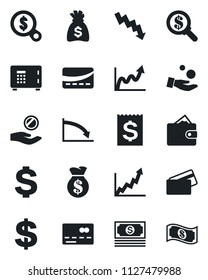 Set of vector isolated black icon - credit card vector, safe, dollar sign, money bag, crisis graph, cash, receipt, wallet, growth, search, investment