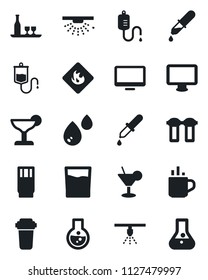 Set of vector isolated black icon - hot cup vector, dropper, flammable, monitor, alcohol, drink, cocktail, water, filter, sprinkler, flask
