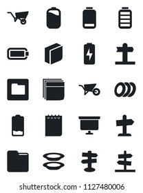 Set of vector isolated black icon - notepad vector, presentation board, wheelbarrow, signpost, battery, low, folder, charge, blank box, plates, guidepost