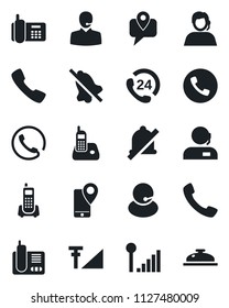 Set of vector isolated black icon - phone vector, office, 24 hours, support, mobile tracking, radio, call, mute, cellular signal, reception