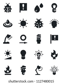 Set of vector isolated black icon - bulb vector, lady bug, fire, sun, important flag, brightness, desk lamp, water, energy saving, shining head, idea