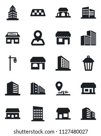 Set of vector isolated black icon - taxi vector, shop, office building, garden light, navigation, store, city house, cafe, storefront