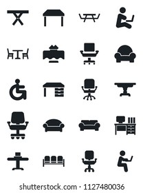 Set of vector isolated black icon - cafe vector, waiting area, office chair, desk, picnic table, disabled, cushioned furniture, restaurant, man with notebook