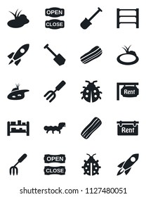 Set of vector isolated black icon - job vector, garden fork, shovel, lady bug, caterpillar, pond, rack, rent, bacon, open close, rocket