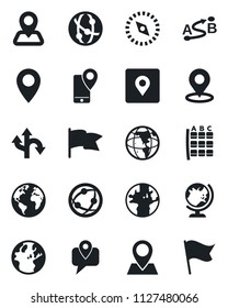 Set of vector isolated black icon - globe vector, seat map, route, navigation, earth, pin, mobile tracking, network, place tag, compass, flag