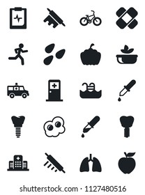 Set of vector isolated black icon - medical room vector, pumpkin, seeds, dropper, patch, ambulance car, bike, run, lungs, implant, pulse clipboard, hospital, pool, salad, rolling pin, omelette
