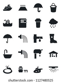 Set of vector isolated black icon - bucket vector, watering, boot, rain, pond, drip irrigation, sea shipping, port, umbrella, pool, water supply, warehouse, bathroom, heater, filter, warm floor