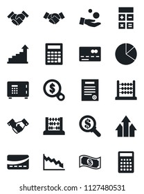 Set of vector isolated black icon - credit card vector, safe, handshake, growth statistic, calculator, abacus, pie graph, contract, arrow up, crisis, money search, investment, cash