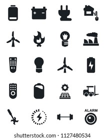 Set of vector isolated black icon - fork loader vector, bulb, factory, fire, ripper, barbell, remote control, low battery, charge, sun panel, windmill, home, power plug, alarm led
