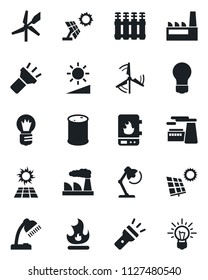 Set of vector isolated black icon - bulb vector, factory, fire, oil barrel, torch, brightness, desk lamp, sun panel, windmill, water heater, radiator, idea
