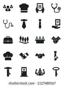 Set of vector isolated black icon - medical room vector, handshake, team, tie, document, stethoscope, meeting, cook hat, case