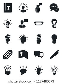 Set of vector isolated black icon - speaking man vector, pen, brainstorm, bulb, dialog, wine card, hot dog, energy saving, shining head, idea