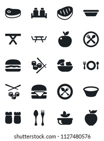 Set of vector isolated black icon - spoon and fork vector, picnic table, cafe, salad, salt pepper, steak, hamburger, bowl, sushi, apple fruit