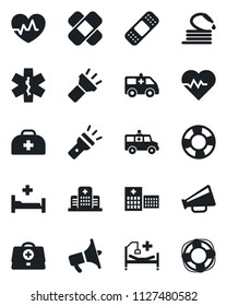 Set of vector isolated black icon - hose vector, heart pulse, doctor case, patch, ambulance star, car, hospital bed, loudspeaker, torch, crisis management