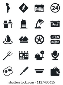 Set of vector isolated black icon - 24 around vector, luggage scales, farm fork, water drop, scalpel, medical calendar, pregnancy, term, microphone, manager desk, lamp, rent, city house, open close