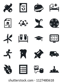 Set of vector isolated black icon - graduate vector, document reload, sproute, monitor pulse, blood pressure, test vial, run, hospital bed, caries, diet, satellite, reel, flame disk, paper pin, hr