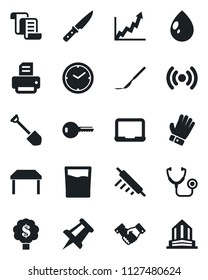Set of vector isolated black icon - handshake vector, contract, notebook pc, drawing pin, job, printer, glove, water drop, stethoscope, scalpel, clock, key, table, drink, rolling, knife, wireless
