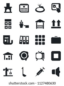 Set of vector isolated black icon - case vector, calculator, stamp, fireplace, pond, syringe, medical calendar, sea port, up side sign, warehouse, news, tv, stop button, menu, paper binder, crane