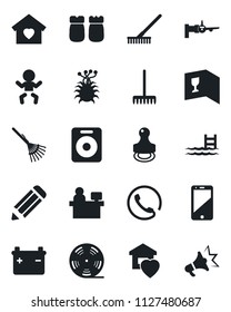 Set of vector isolated black icon - baby vector, boarding, manager place, pencil, rake, virus, reel, cell phone, speaker, stamp, pool, sweet home, wine card, salt and pepper, battery, advertising