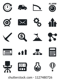 Set of vector isolated black icon - stopwatch vector, alarm led, target, arrow up graph, gear, motivation, clock, crisis, office chair, money search, flask, calculator, car, schedule, social media