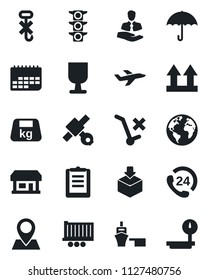Set of vector isolated black icon - earth vector, pin, store, plane, satellite, traffic light, 24 hours, client, truck trailer, term, sea port, clipboard, fragile, umbrella, up side sign, no trolley