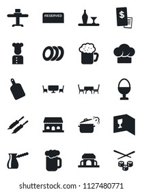 Set of vector isolated black icon - cook vector, alcohol, restaurant table, hat, wine card, reserved, beer, plates, egg stand, cafe building, receipt, kebab, cutting board, steaming pan, sushi