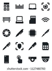 Set of vector isolated black icon - calculator vector, pen, bench, barcode, touch screen, phone back, mobile camera, sd, sim, wireless, face id, eye, notebook pc, chip, web, surveillance