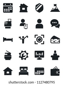 Set of vector isolated black icon - dispatcher vector, reception, bed, statistic monitor, house, patient, term, shield, dialog, user, calendar, root setup, copier, bedroom, cheese, eye scan, wallet