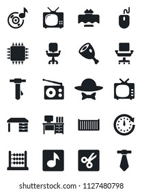 Set of vector isolated black icon - mouse vector, desk, tie, cargo container, radio, tv, cut, music, abacus, office chair, restaurant table, dress code, ham, chip, clock