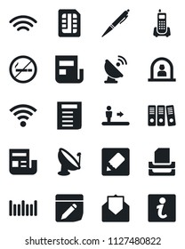 Set of vector isolated black icon - escalator vector, no smoking, reception, document, office phone, barcode, satellite antenna, mail, sim, notes, wireless, news, paper binder, tray, pen