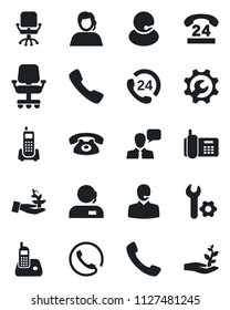 Set of vector isolated black icon - office chair vector, phone, 24 hours, support, speaker, radio, call, root setup, palm sproute