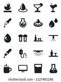Set of vector isolated black icon - hot cup vector, water drop, dropper, flammable, monitor, alcohol, drink, cocktail, filter, sprinkler, flask
