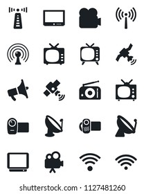 Set of vector isolated black icon - antenna vector, satellite, radio, loudspeaker, tv, video camera, wireless