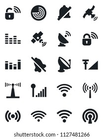 Set of vector isolated black icon - antenna vector, radar, satellite, equalizer, wireless, mute, cellular signal, lock
