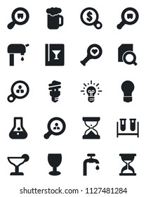 Set of vector isolated black icon - bulb vector, blood test vial, heart diagnostic, fragile, search cargo, document, water supply, client, wine card, cocktail, beer, energy saving, consumer, money