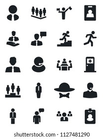 Set of vector isolated black icon - dispatcher vector, medical room, manager, speaking man, pedestal, team, run, support, client, identity card, meeting, career ladder, estate agent, dress code
